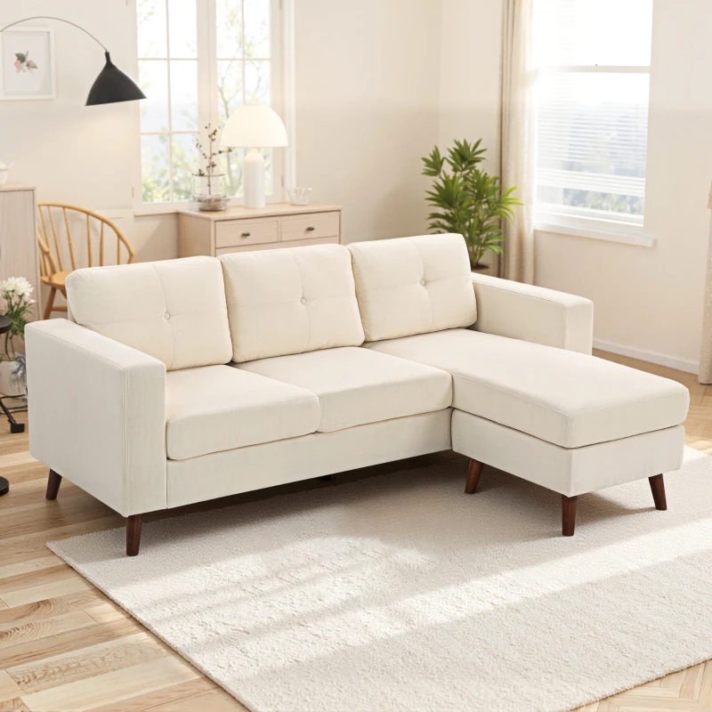 HOMCOM Sectional Sofa with Changeable Chaise Lounge, 3 Seat L-Shaped Sofa, Upholstered Couch for Small Space, Cream White