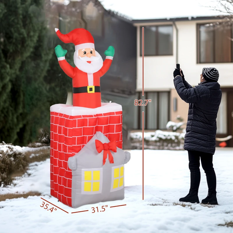 Outsunny 7FT Christmas Inflatable Santa in Chimney Up and Down, Blow Up Decoration with Built-in LED Lights for Indoor Party
