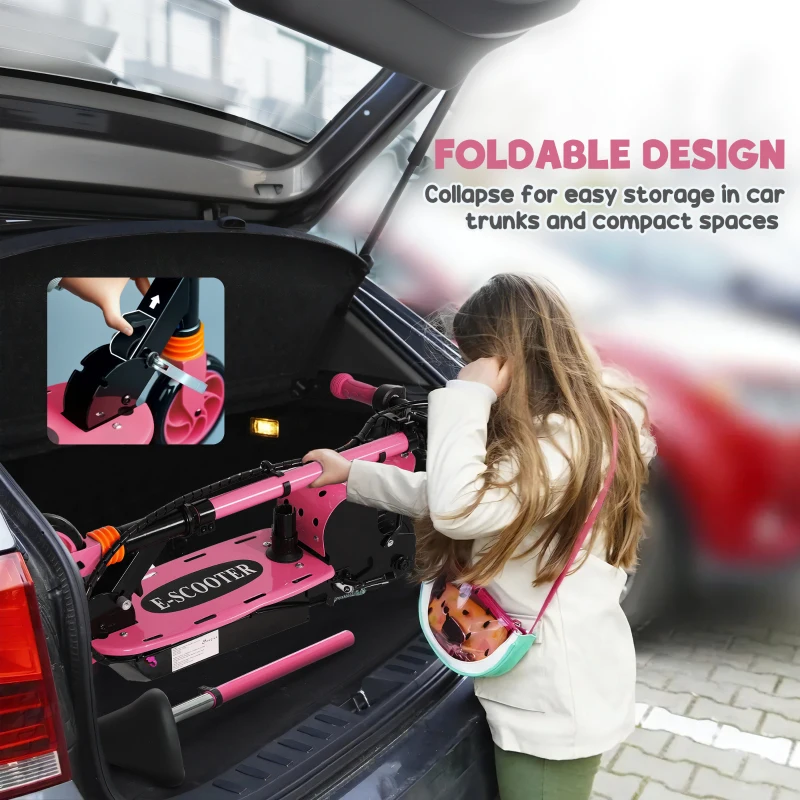 Soozier Foldable Electric Scooter for Kids Ages 6-14, with Seat and 2 Adjustable Heights, Max 6km Range & 12km/h, Pink