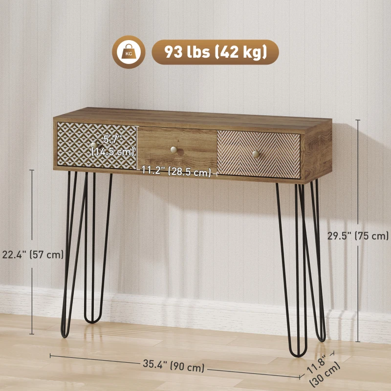 HOMCOM Narrow Console Table with Drawers, 35" Entryway Table with Hairpin Legs for Hallway, Foyer, Living Room, Brown