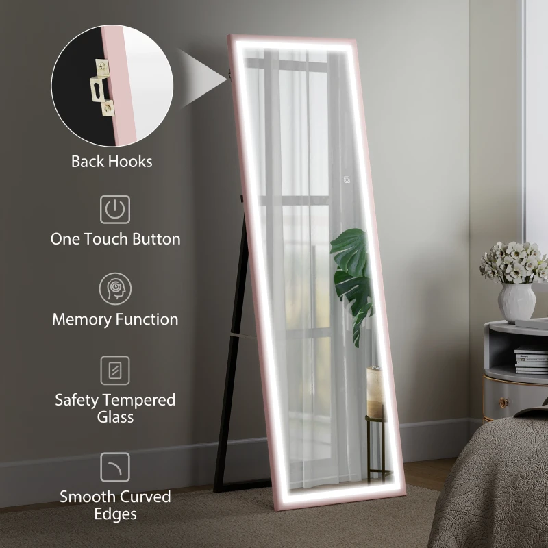 HOMCOM LED Mirror with Dimmable and 3 Colour Lights, 64" x 21" Rectangular Full Body Mirror for Bedroom Living Room, Pink