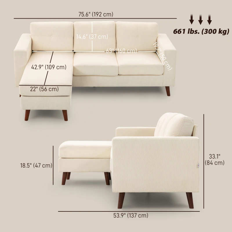 HOMCOM Sectional Sofa with Changeable Chaise Lounge, 3 Seat L-Shaped Sofa, Upholstered Couch for Small Space, Cream White