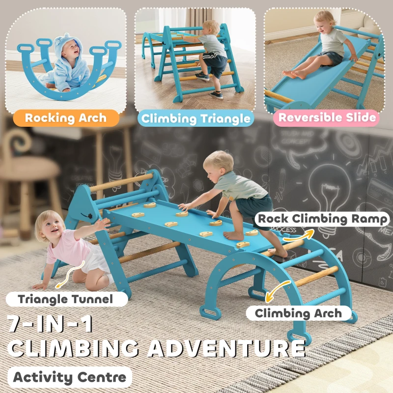 Qaba 7-in-1 Pikler Triangle Set, Foldable Wooden Climbing Toys with Arch, Ramp and Ladder for Toddlers 1-4 Years, Blue