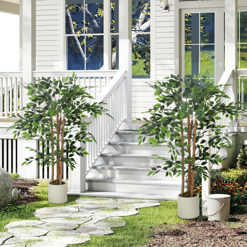 HOMCOM 4FT Artificial Banyan Tree Set of 2, Fake Potted Tree with Solid Wood Trunk and Pot for Indoor