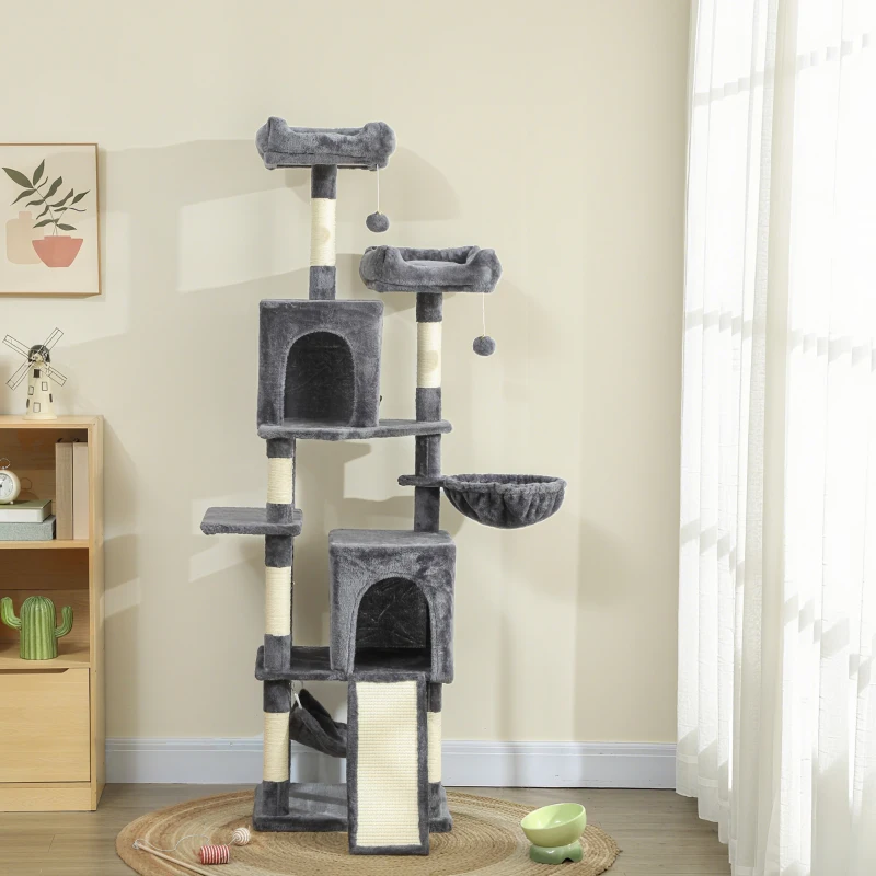 PawHut Cat Tree, 70" Multi-Level Cat Tower with 2 Condos, 2 Perches, Hammock, Toy Balls, Scratching Posts and Board, Dark Grey