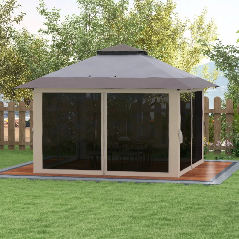 Outsunny 13' x 13' Pop Up Gazebo Instant Canopy Tent Shelter with 2-Tier Roof, Carry Bag, Wight Bags for Outdoor, Garden, Gray