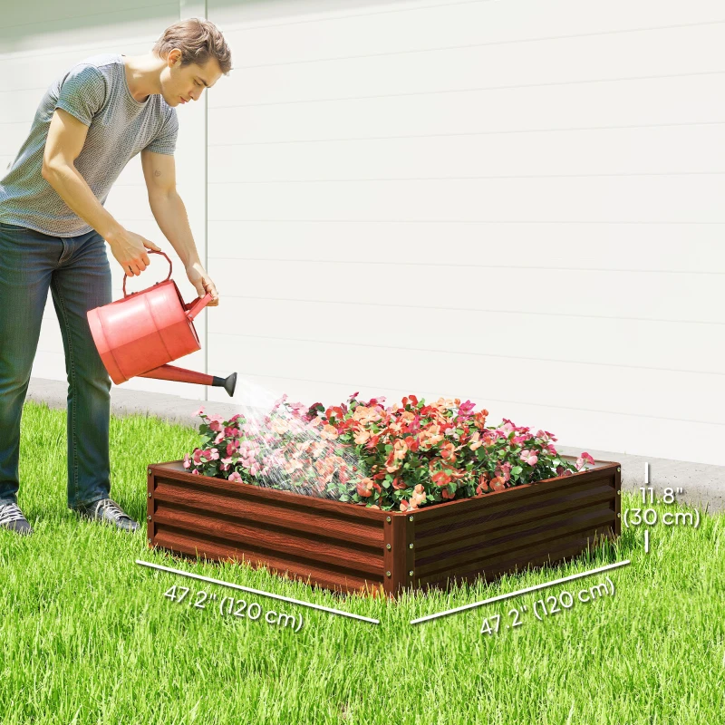 Outsunny 4' x 4' x 1' Raised Garden Bed Galvanized Steel Planter Box for Vegetables, Flowers, Herbs, Dark Brown Wood Effect