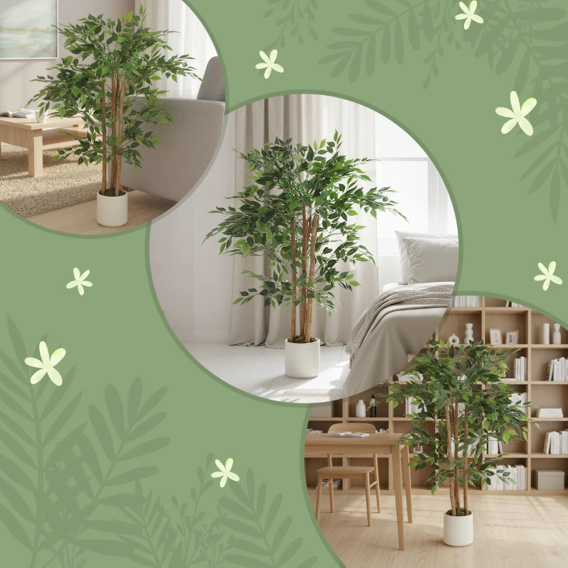 HOMCOM 4FT Artificial Banyan Tree Set of 2, Fake Potted Tree with Solid Wood Trunk and Pot for Indoor