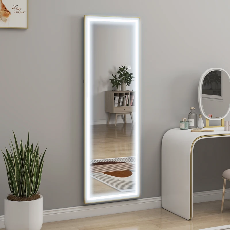 HOMCOM LED Mirror with Dimmable and 3 Colour Lights, 64" x 21" Rectangular Floor Mirror for Bedroom Living Room, Gold