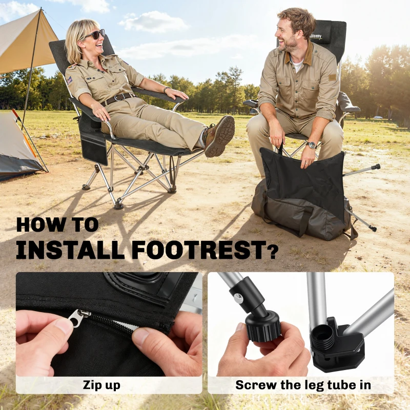 Outsunny Set of 2 Reclining Camping Chair with Foot Rest, Folding Camping Chair w/ Headrest, Cup Holder, Storage Bag, Black
