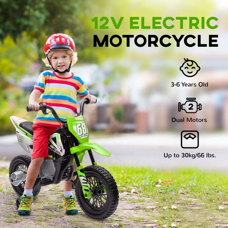 Qaba 12V Kids Dirt Bike, Electric Motorcycle with Twist Grip Throttle, Training Wheels, Rear Suspension & Music, Green