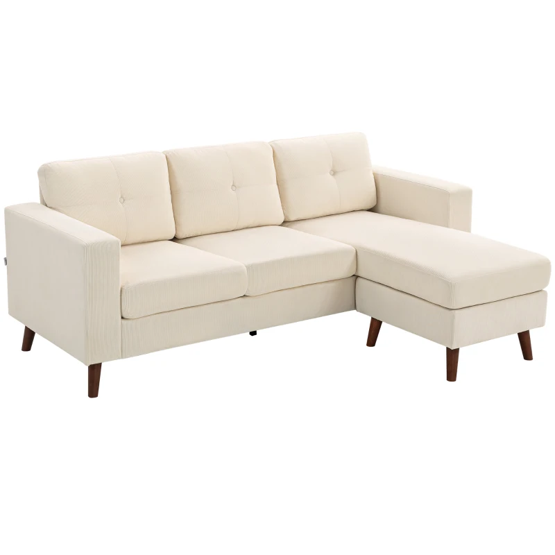 HOMCOM Sectional Sofa with Changeable Chaise Lounge, 3 Seat L-Shaped Sofa, Upholstered Couch for Small Space, Cream White