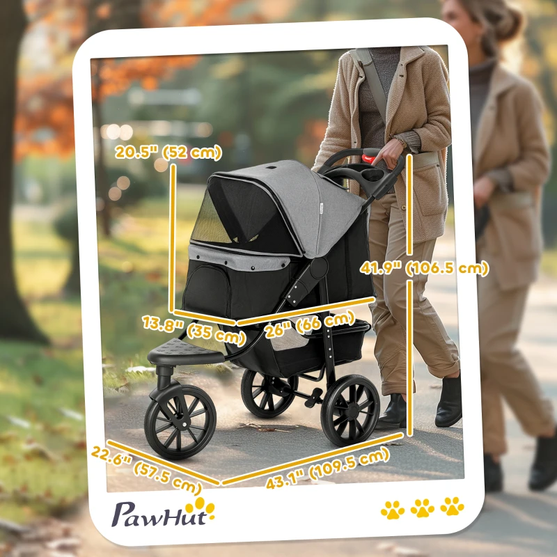 PawHut 3 Wheel Folding Dog Stroller, Travel Carrier with Adjustable Canopy, Storage Brake, Mesh Window for S&M Dogs Grey