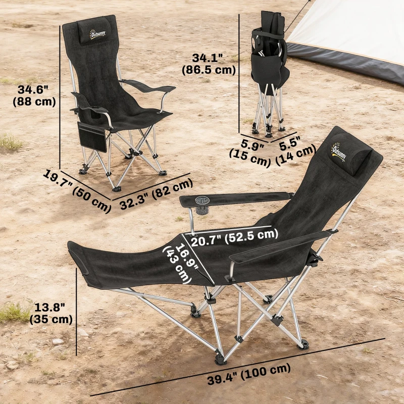 Outsunny Set of 2 Reclining Camping Chair with Foot Rest, Folding Camping Chair w/ Headrest, Cup Holder, Storage Bag, Black