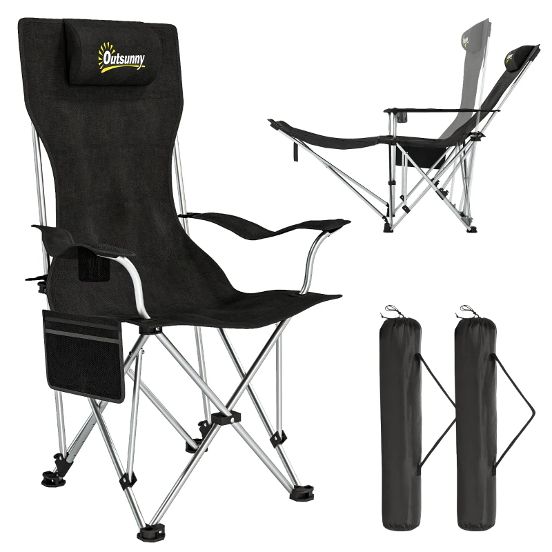 Outsunny Set of 2 Reclining Camping Chair with Foot Rest, Folding Camping Chair w/ Headrest, Cup Holder, Storage Bag, Black
