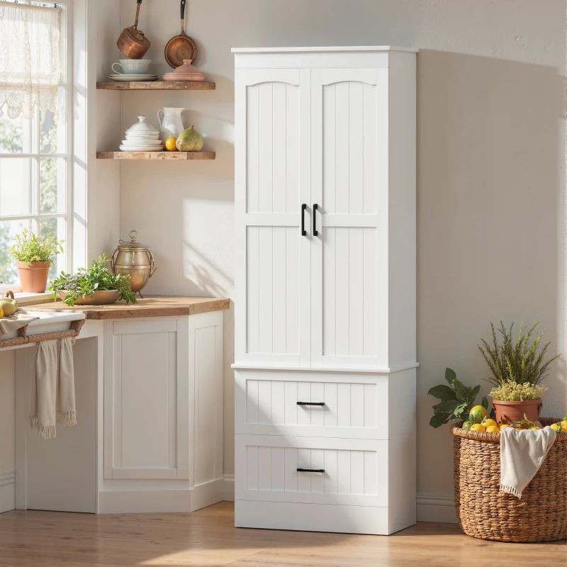 HOMCOM Tall Pantry Cabinet, 67" Kitchen Storage Cabinet with Adjustable Shelves and 2 Drawers for Kitchen, Dining Room, White