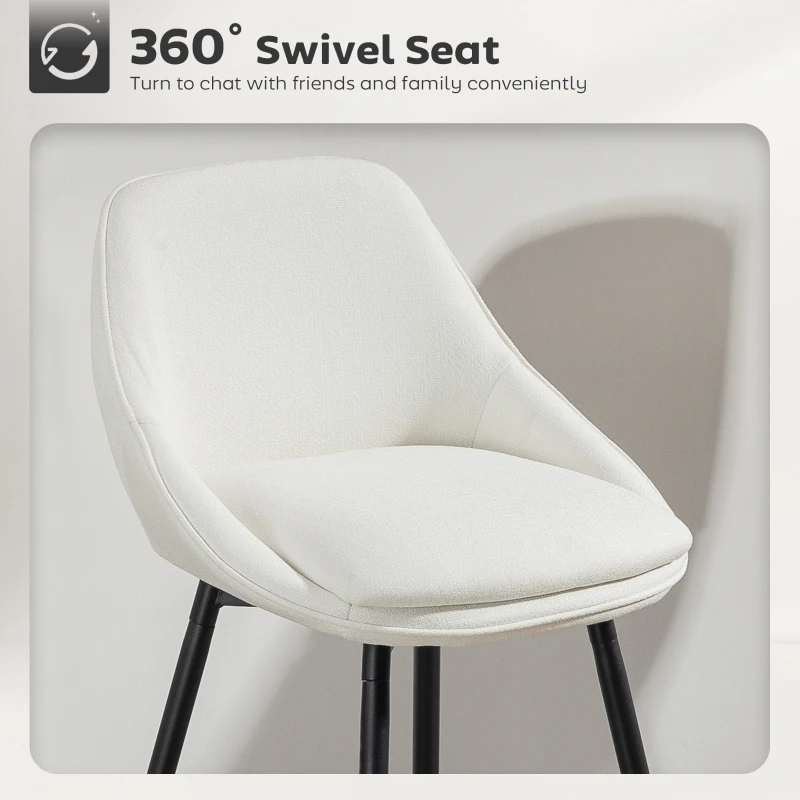 HOMCOM 26" Counter Height Barstools Set of 2, Upholstered Swivel Bar Stools with Backrests and Armrests, Cream White