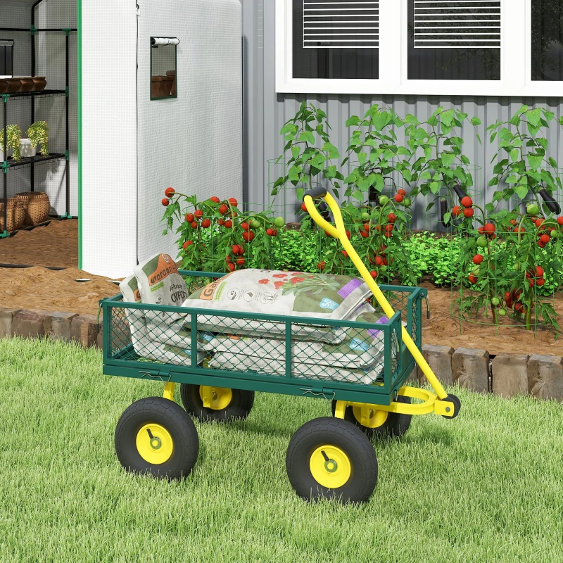 Outsunny Garden Cart, Utility Wagon Cart with Removable Sides, Convert into Flatbed, 10" Wheels, 180° Rotating Handle, Green