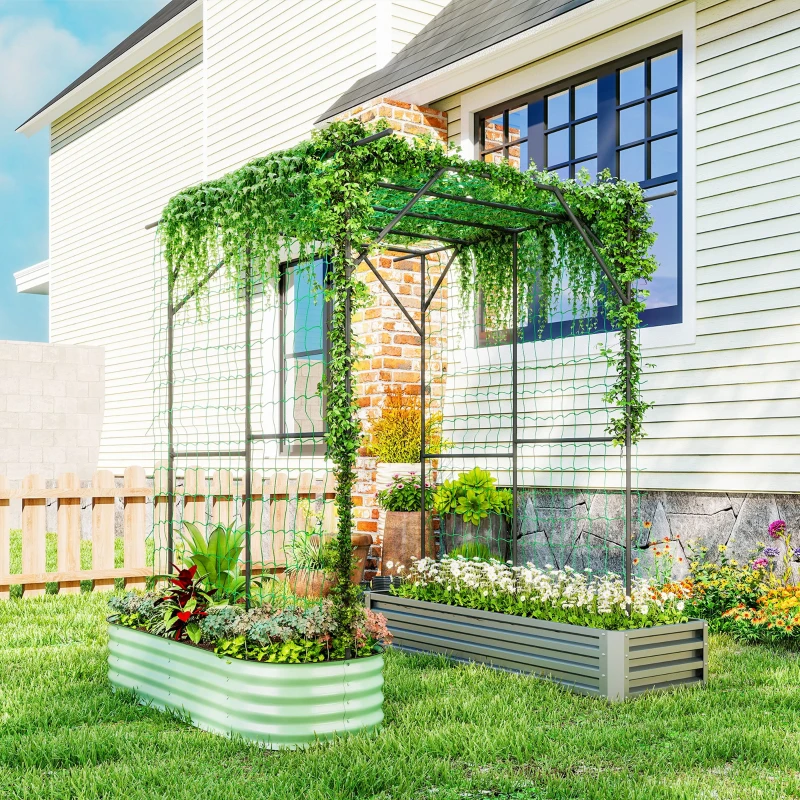 Outsunny Garden Arch Trellis, 6.4FT Tall Metal Plant Support Trellis Archway with Climbing Net for Climbing Plants