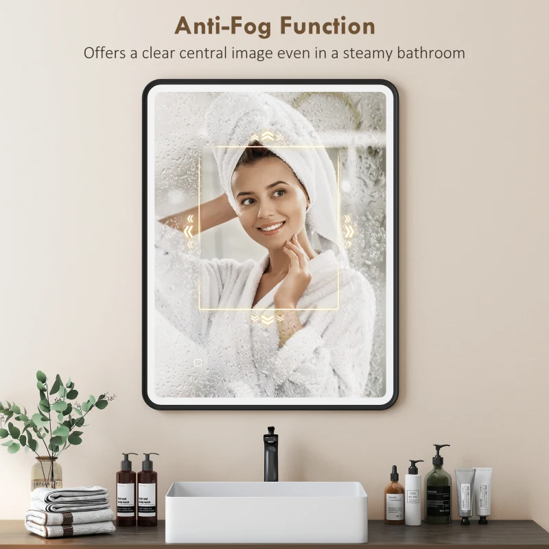 HOMCOM 36" x 28" Bath Mirror with LED Lights, Wall Mounted Restroom Mirror, 3 Colours, Dimmable, Horizontal/Vertical, Black