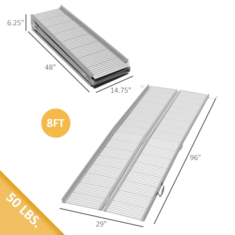HOMCOM 8' Foldable Handicap Ramp for Home, Steps, Doorways, Aluminum Portable Wheelchair Ramp, Textured Threshold Ramp, Silver(m-3)
