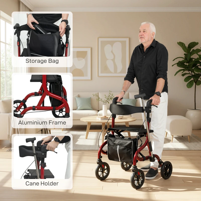 HOMCOM Foldable Rollator Walker with Seat for Seniors, Lightweight Rolling Walker with Adjustable Handles, Red