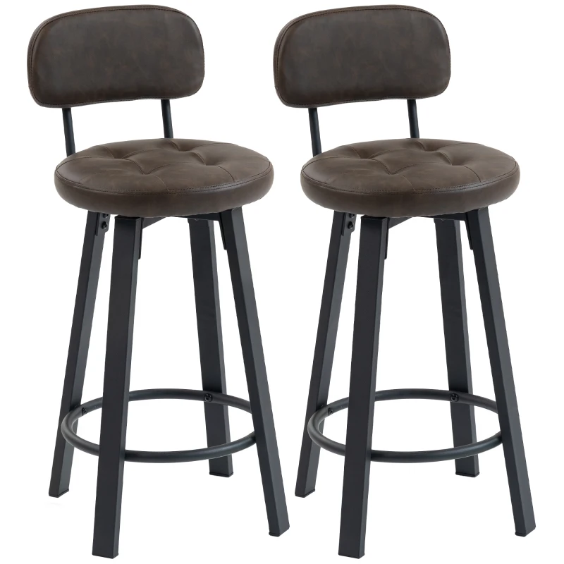 HOMCOM Bar Stools Set of 2, Upholstered Breakfast Bar Chairs with Footrest and Backrest for Kitchen Counter, Brown