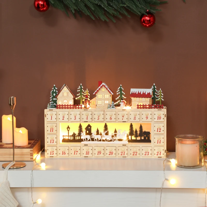 HOMCOM Christmas Advent Calendar with 24 Countdown Drawers and LED Lights, Wood-Effect Advent Calendar, Battery Operated