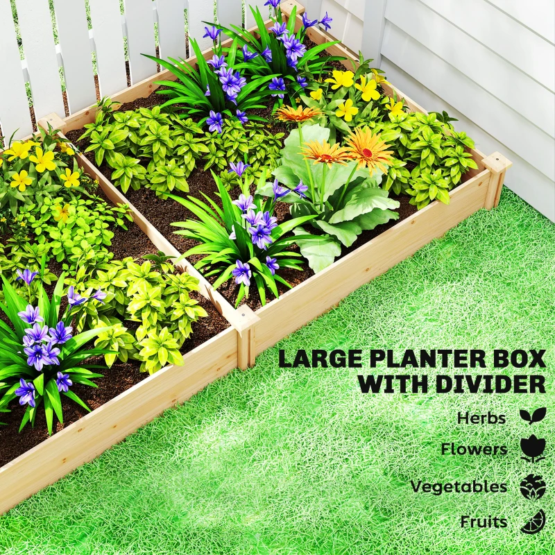 Outsunny Wooden Raised Garden Bed, Outdoor Planter Box with Divider and Open Bottom for Flowers, Herbs, Vegetables, DIY Painting