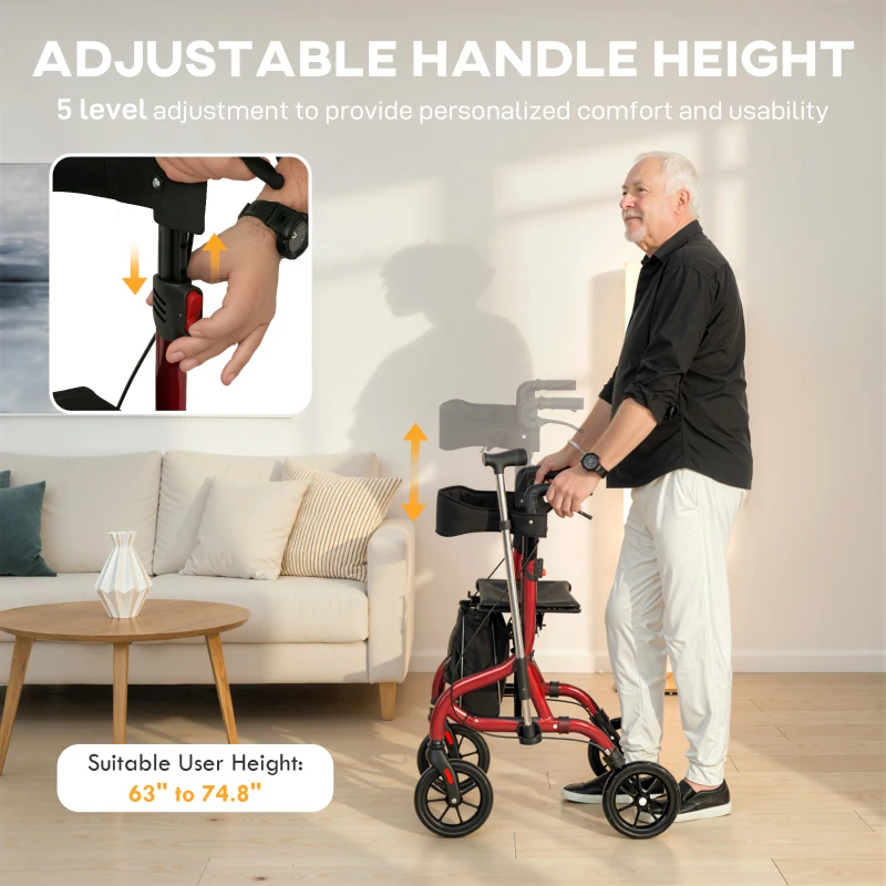 HOMCOM Foldable Rollator Walker with Seat for Seniors, Lightweight Rolling Walker with Adjustable Handles, Red