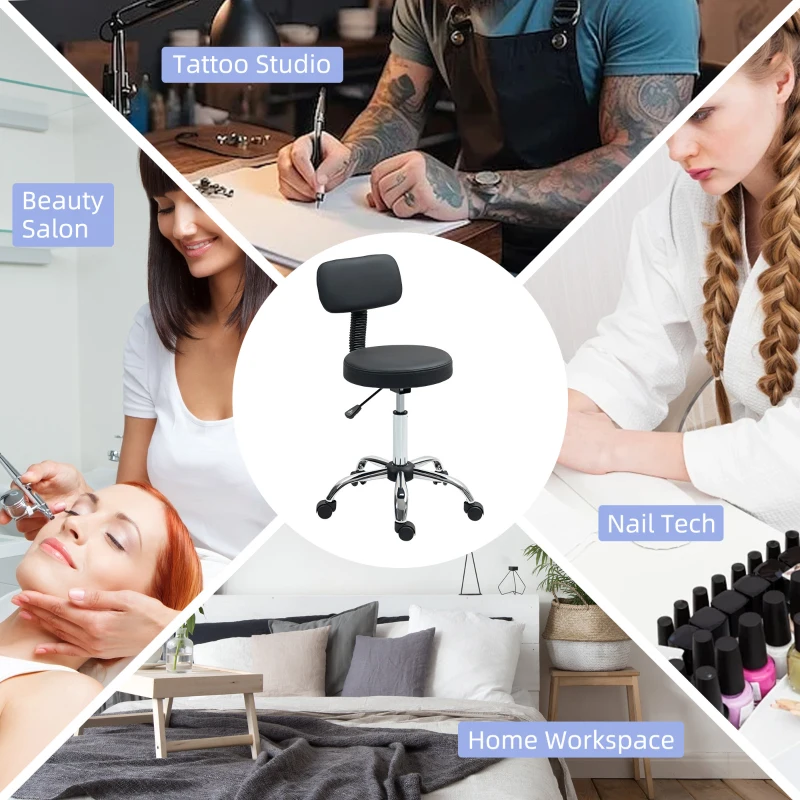 HOMCOM Adjustable Rolling Stool with Removable Backrest, Faux Leather Swivel Stool Chair for Salon Spa, Bar, Massage, Black