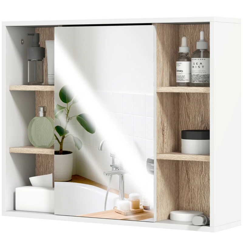 HOMCOM Wall-Mounted Bathroom Medicine Cabinet with Mirror, Over Toilet Bathroom Vanity Cabinet White & Oak