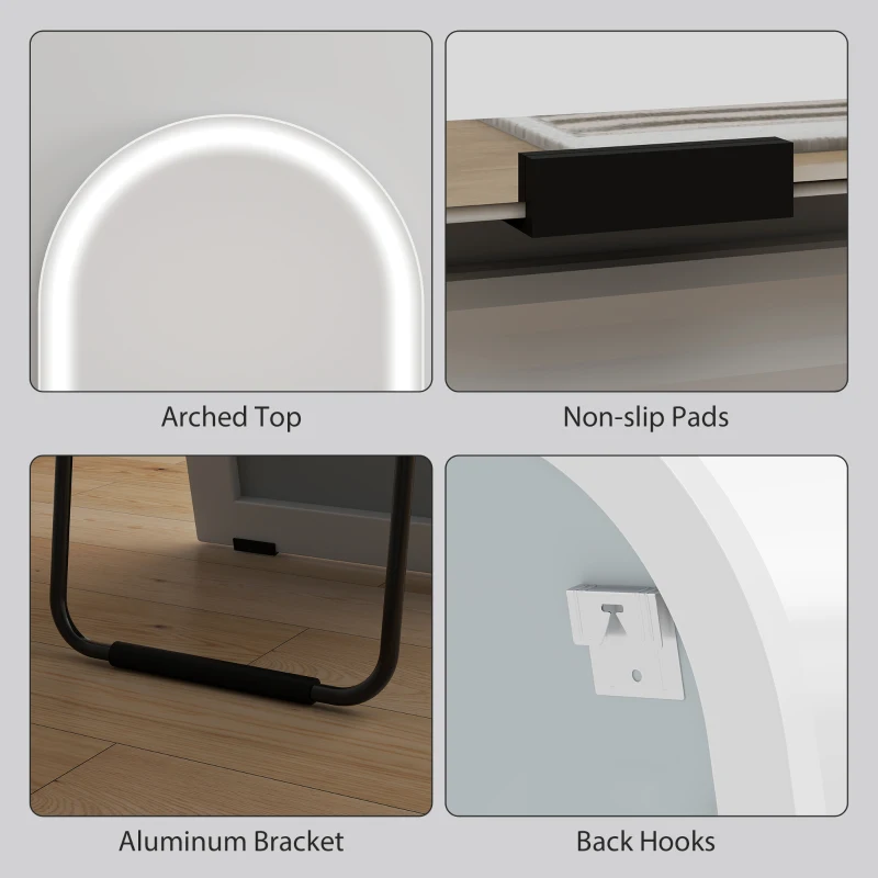 HOMCOM Free Standing Mirror with Dimmable and 3 Colour LED Lights 64" x 21" Arched Floor Mirror for Bedroom Living Room, Clear