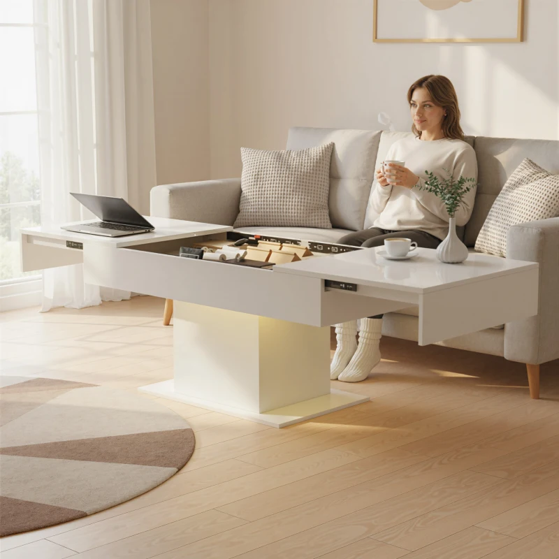 HOMCOM Extendable Coffee Table with LED Lights, Modern High Gloss Center Table with Hidden Storage for Living Room, White