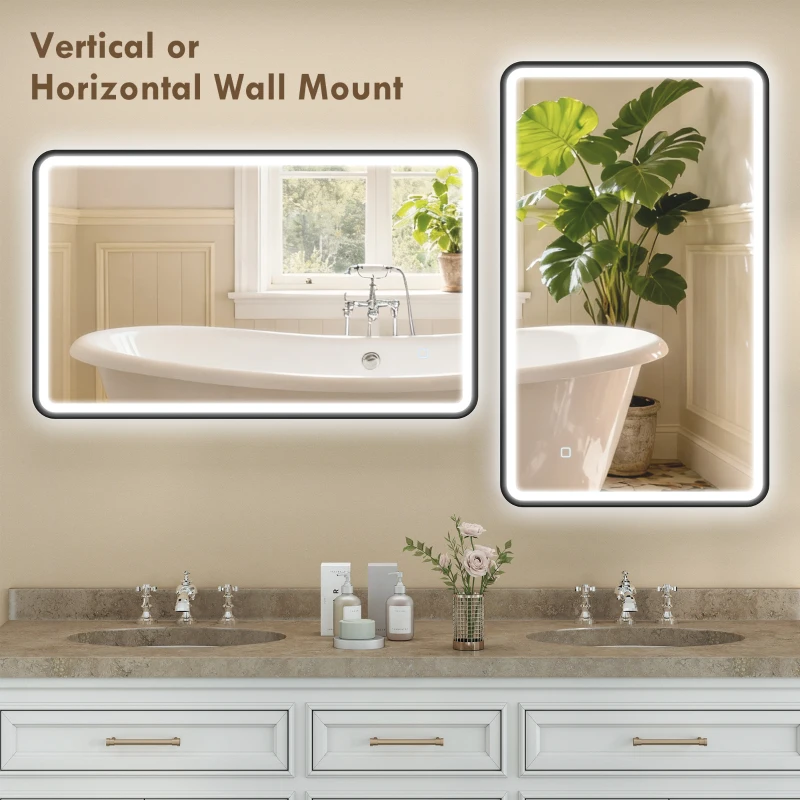 HOMCOM 40" x 24" Bath Mirror with LED Lights, Wall Mounted Restroom Mirror, 3 Colours, Dimmable, Horizontal/Vertical, Black