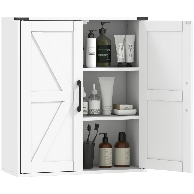 HOMCOM Bathroom Wall Cabinet, Wall Mounted Medicine Cabinet with Barn Doors and Adjustable Shelves, Over The Toilet, White