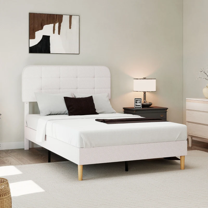 HOMCOM Queen Size Bed Frame with Adjustable Headboard Upholstered Platform Bed Frame with Wood Slat Support Noise Free White