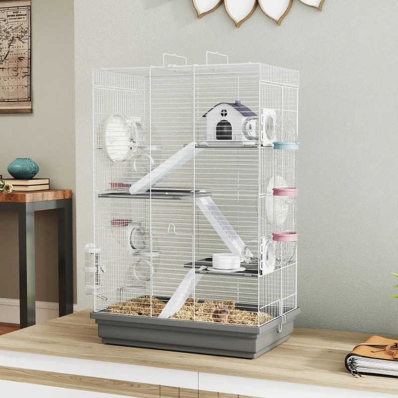 PawHut 4-Level Large Hamster Cage with DIY Tubes, Water Bottle, Food Dish, Hut, Exercise Wheels, Grey