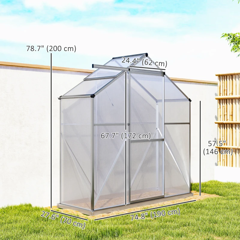 Outsunny 6' x 2.5' Walk-in Polycarbonate Greenhouse Aluminium Green House with Sliding Door, 5-Level Roof Vent, Rain Gutter
