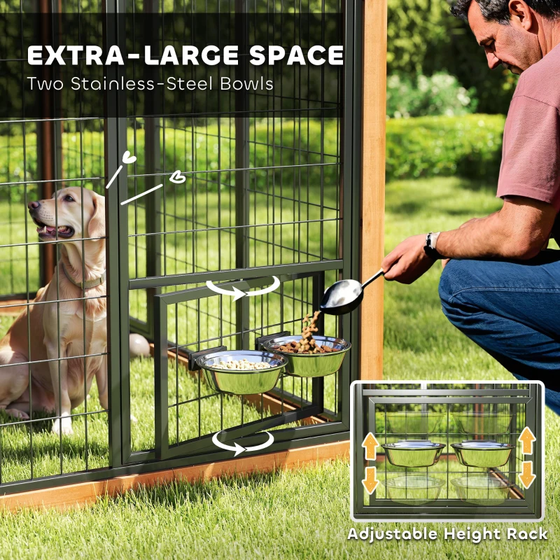 PawHut 86" L Dog House Outdoor, Wooden Dog Kennel with Storage Cabinet, Stainless Steel Bowls for Large Breeds, Yellow