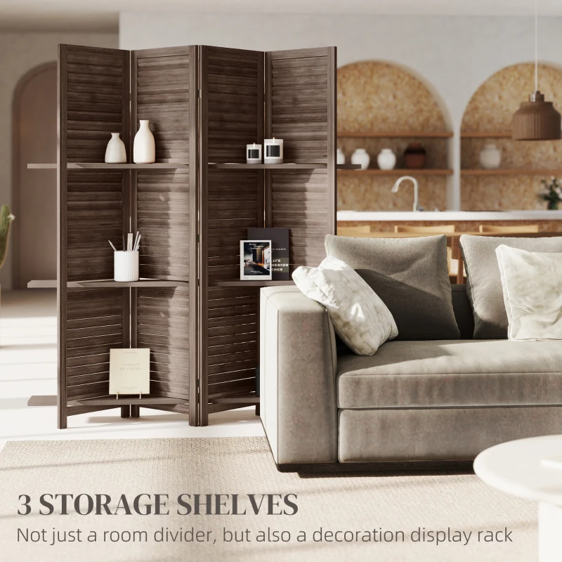 HOMCOM 4 Panel 67" Tall Wood Privacy Screen Room Divider with 3 Shelves and Folding Storage for Bedroom, Walnut