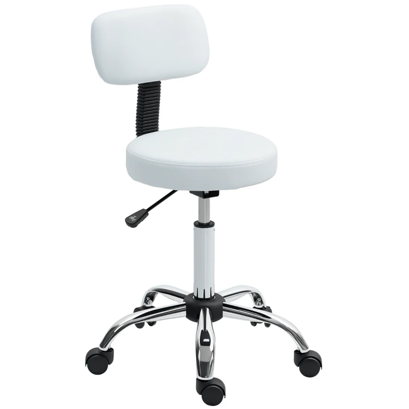 HOMCOM Adjustable Rolling Stool with Removable Backrest, Faux Leather Swivel Stool Chair for Salon Spa, Bar, Massage, White
