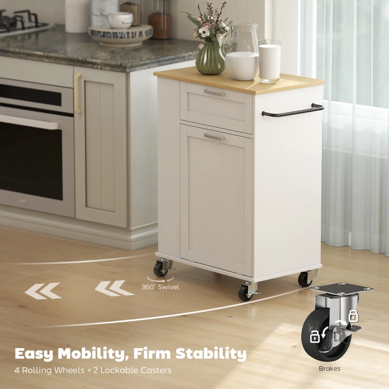 HOMCOM Rolling Kitchen Island with Trash Can Storage, Kitchen Island on Wheels with Spice & Rack, Drawer for Kitchen, White