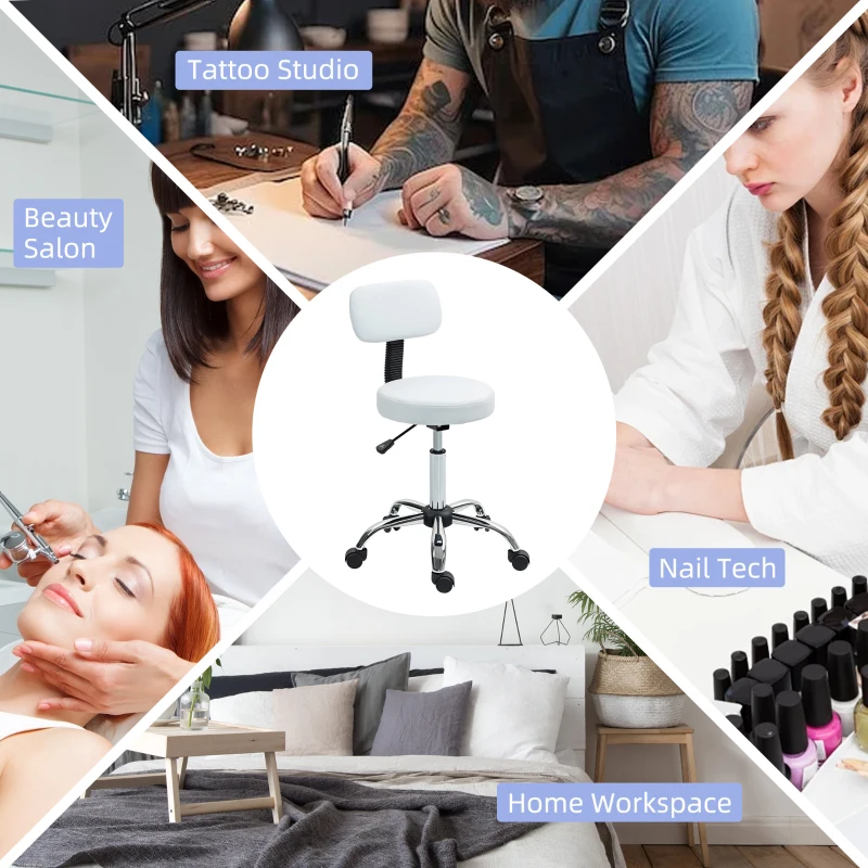 HOMCOM Adjustable Rolling Stool with Removable Backrest, Faux Leather Swivel Stool Chair for Salon Spa, Bar, Massage, White