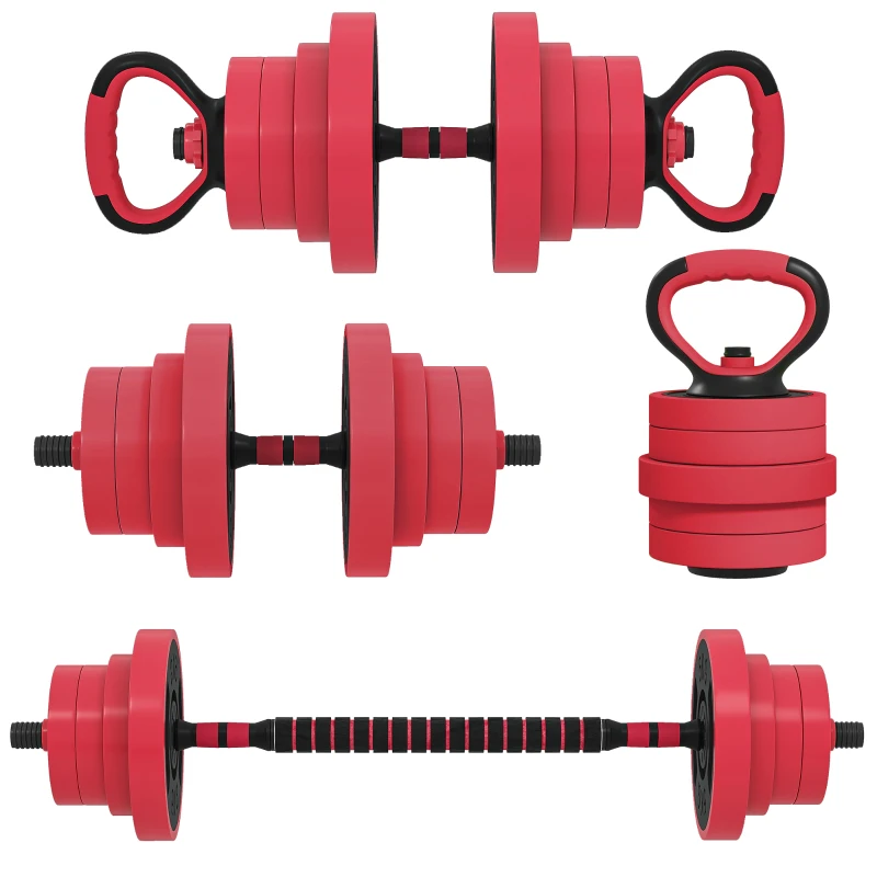 Soozier 88lbs 4-in-1 Adjustable Weight Dumbbell Set, Barbell, Kettlebell, Push Up Stand, Red