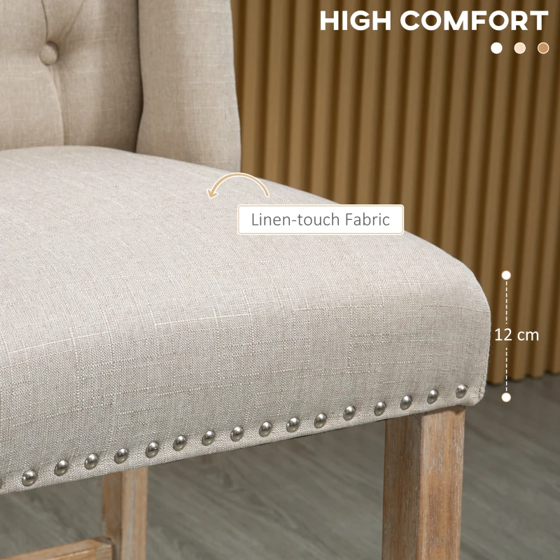 HOMCOM Counter Height Bar Stools Set of 2, 27" Seat Height Upholstered Barstools, Farmhouse Kitchen Island Stools with Nailhead-Trim, Tufted Back and Wooden Legs, Beige