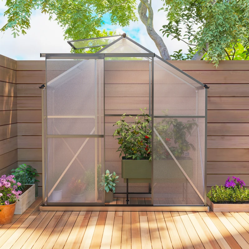 Outsunny 6' x 2.5' Walk-in Polycarbonate Greenhouse Aluminium Green House with Sliding Door, 5-Level Roof Vent, Rain Gutter