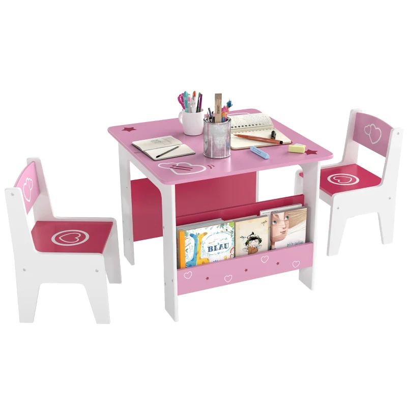 Qaba 3 Pieces Kids Table and Chair Set with Bookshelves, for Classroom, Home, Nursery, Playroom, for Read, Draw, Art, Pink