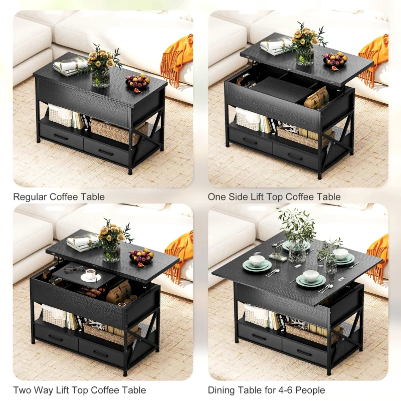 HOMCOM Modern Coffee Table, Lift Top Center Table with Fabric Drawers and Hidden Storage for Living Room, Distressed Black
