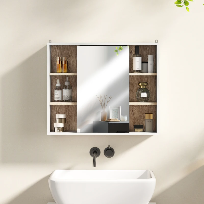 HOMCOM Wall-Mounted Bathroom Medicine Cabinet with Mirror, Over Toilet Bathroom Vanity Cabinet White & Oak